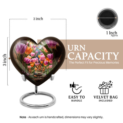 Antique Gold Garden Tulip Cremation Urn front view showing detailed design - loving heart memorial featuring garden tulip pattern - mini keepsake memorial for portion of cremation ashes
