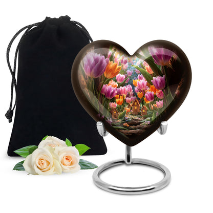 Gilded Gold Garden Tulip Cremation Urn detail view - heart-shaped garden tulip design symbolizing eternal love - full-size 10 inch 200 cubic inch adult cremation urn