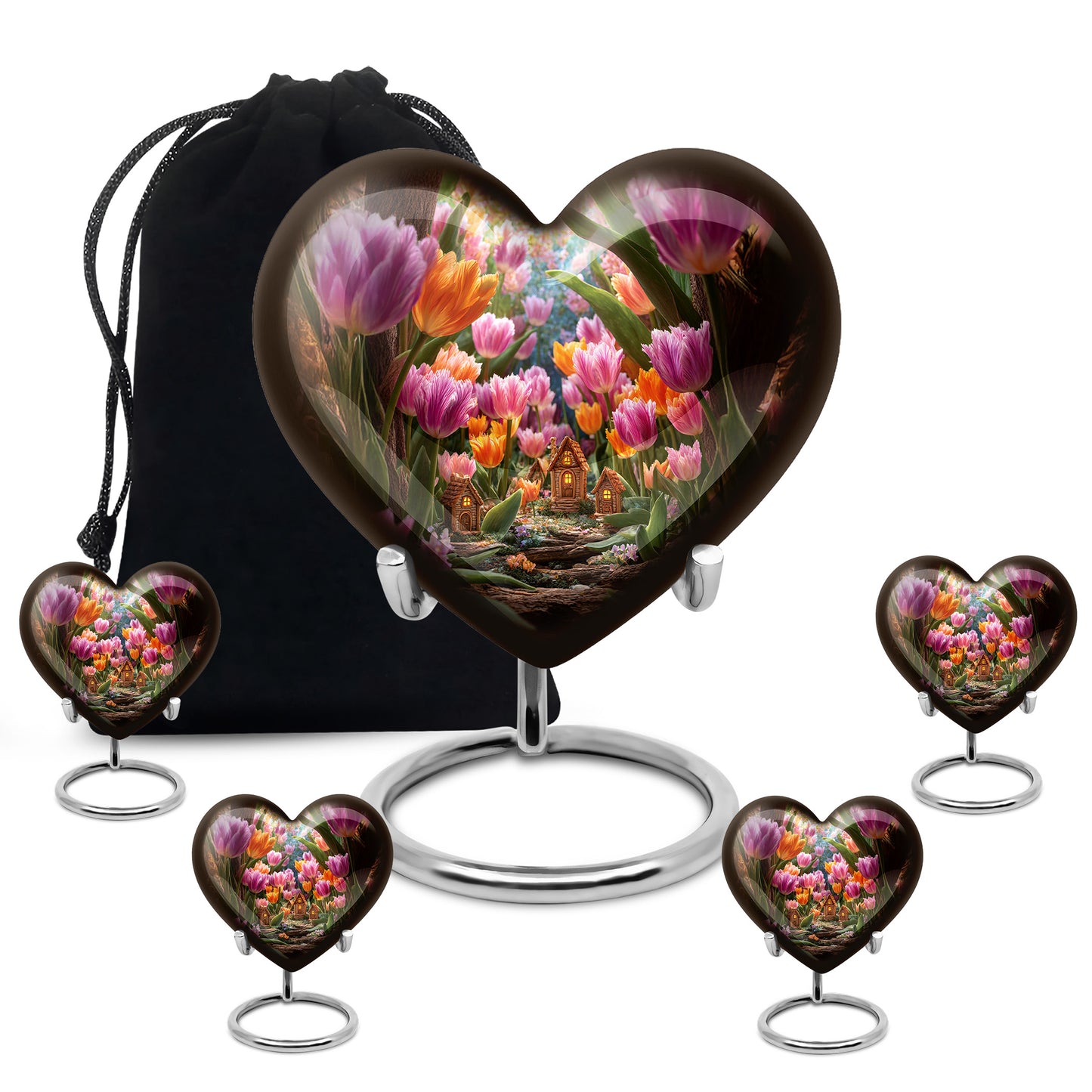 Harvest Gold Garden Tulip Cremation Urn close-up of engraving and surface detail - compassionate heart-garden tulip combination with gentle curves - memorial set with one large and four small urns