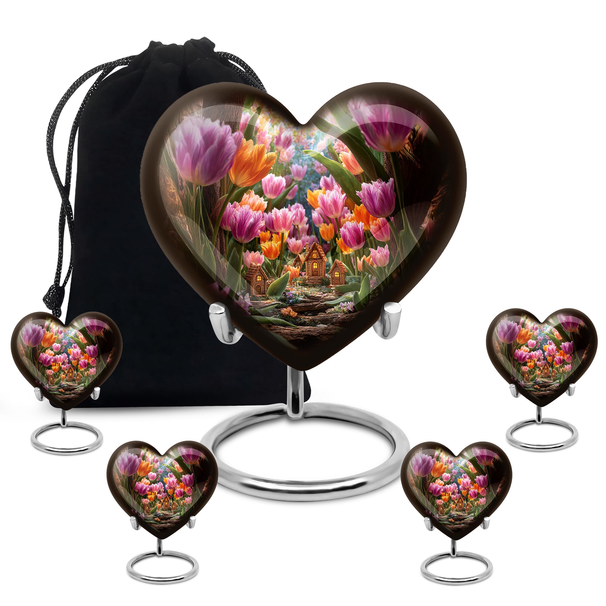 Harvest Gold Garden Tulip Cremation Urn close-up of engraving and surface detail - compassionate heart-garden tulip combination with gentle curves - memorial set with one large and four small urns