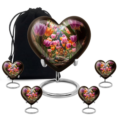 Harvest Gold Garden Tulip Cremation Urn close-up of engraving and surface detail - compassionate heart-garden tulip combination with gentle curves - memorial set with one large and four small urns