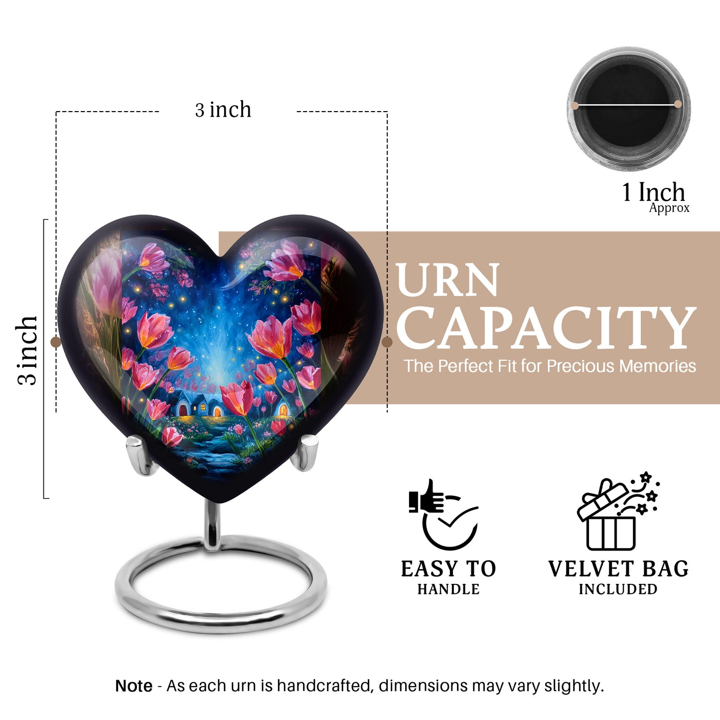 Amber Gold Garden Tulip Cremation Urn front view showing detailed design - loving heart memorial featuring garden tulip pattern - mini keepsake memorial for portion of cremation ashes