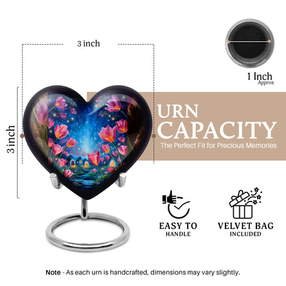 Amber Gold Garden Tulip Cremation Urn front view showing detailed design - loving heart memorial featuring garden tulip pattern - mini keepsake memorial for portion of cremation ashes
