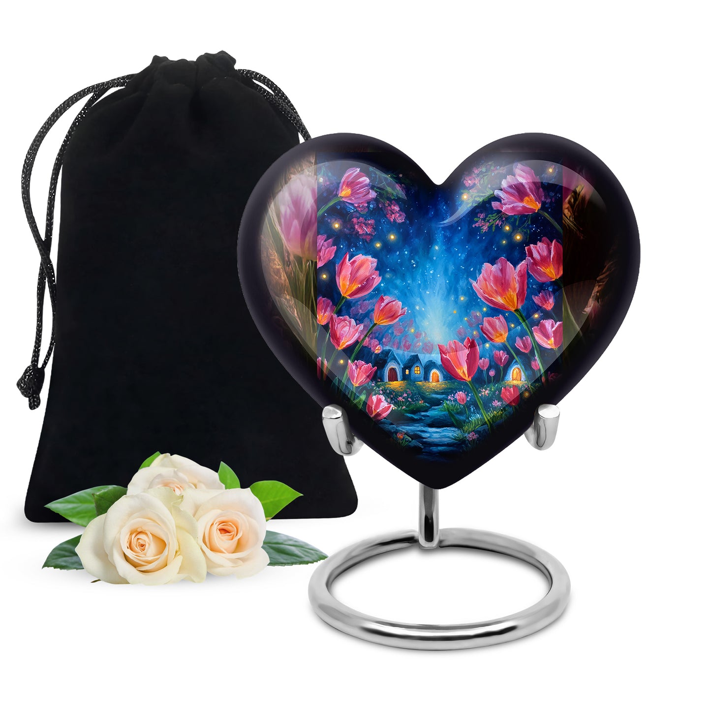 Champagne Gold Garden Tulip Cremation Urn detail view - heart-shaped garden tulip design symbolizing eternal love - full-size 10 inch 200 cubic inch adult cremation urn