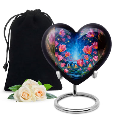 Champagne Gold Garden Tulip Cremation Urn detail view - heart-shaped garden tulip design symbolizing eternal love - full-size 10 inch 200 cubic inch adult cremation urn