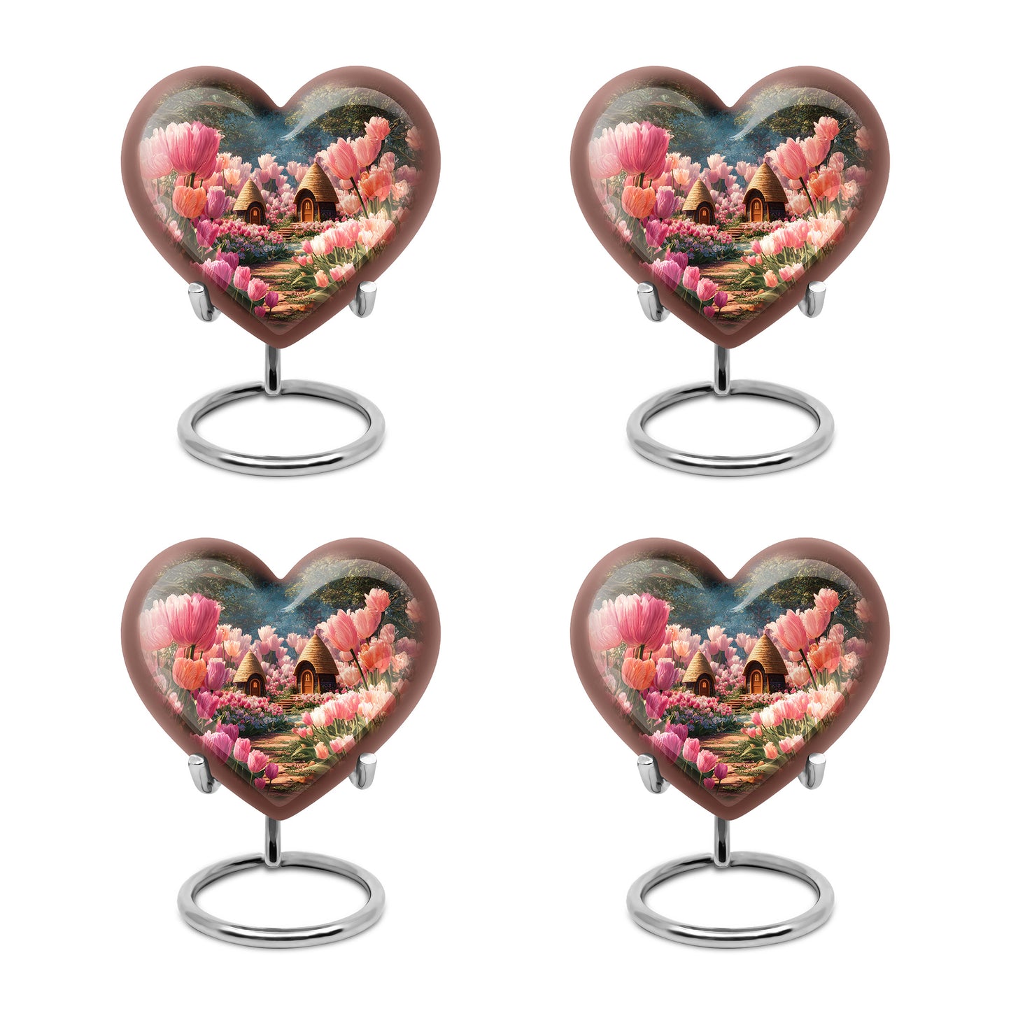Charcoal Black Garden Tulip Cremation Urn angled view of lid and engraved motif - compassionate heart-garden tulip combination with gentle curves - 10 inch aluminum urn for cremated remains