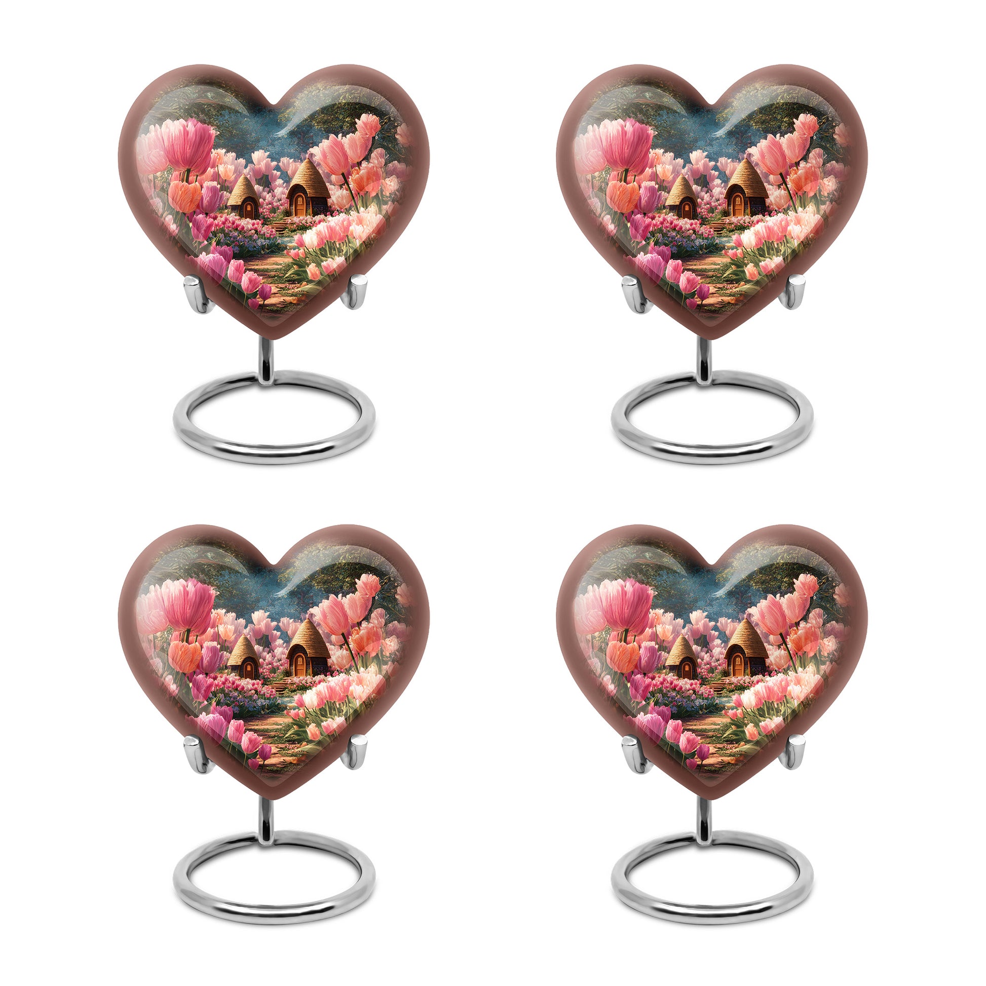 Charcoal Black Garden Tulip Cremation Urn angled view of lid and engraved motif - compassionate heart-garden tulip combination with gentle curves - 10 inch aluminum urn for cremated remains