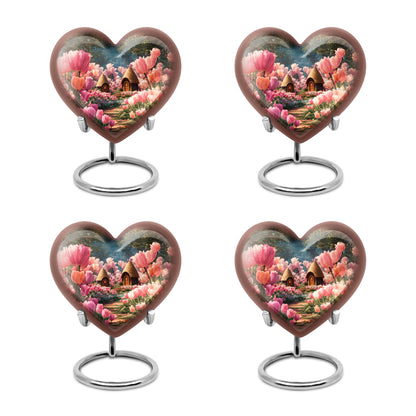 Charcoal Black Garden Tulip Cremation Urn angled view of lid and engraved motif - compassionate heart-garden tulip combination with gentle curves - 10 inch aluminum urn for cremated remains