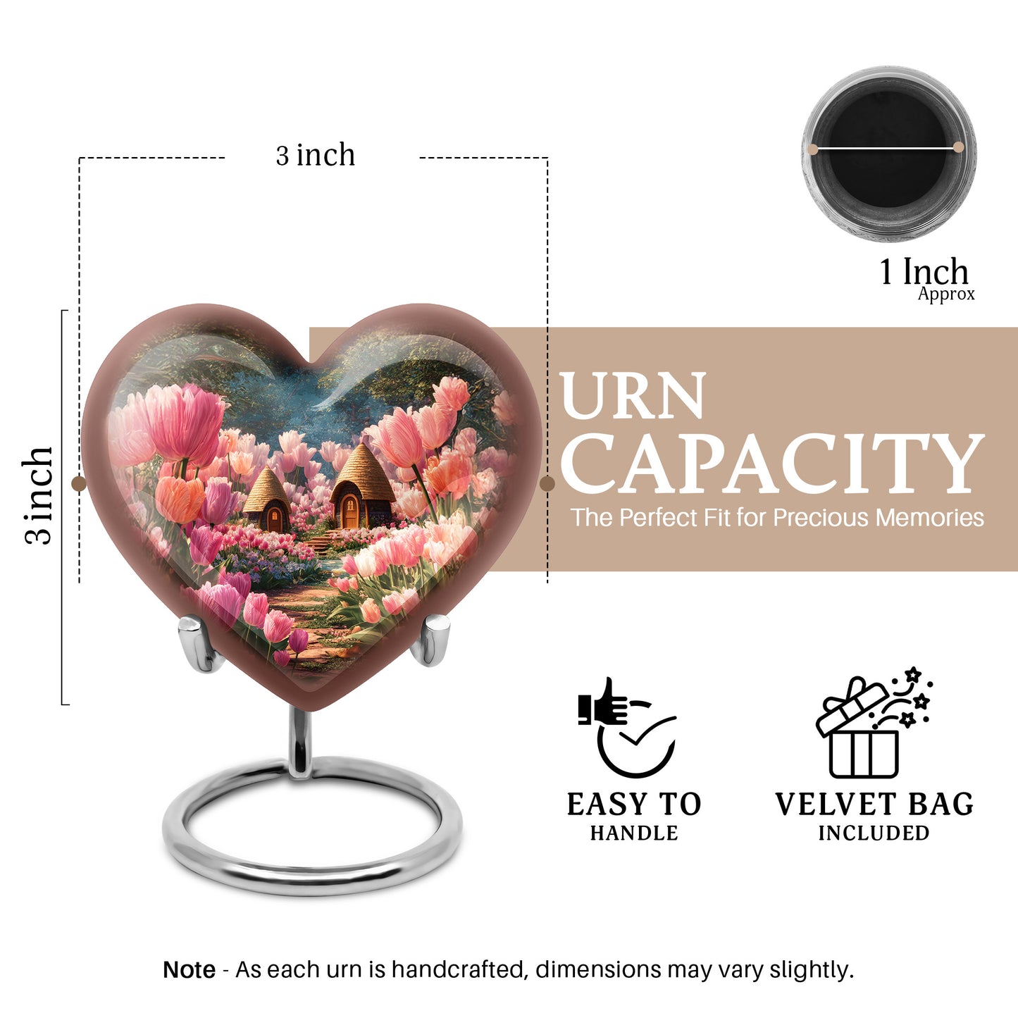 Deep Black Garden Tulip Cremation Urn front view showing detailed design - heart-shaped garden tulip design symbolizing eternal love - mini keepsake memorial for portion of cremation ashes