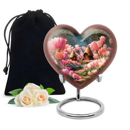 Onyx Black Garden Tulip Cremation Urn detail view - romantic heart urn with garden tulip motif on aluminum - full-size 10 inch 200 cubic inch adult cremation urn