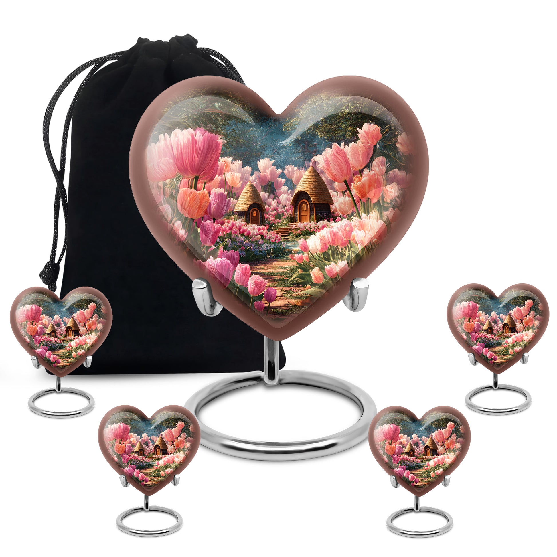 Glossy Black Garden Tulip Cremation Urn close-up of engraving and surface detail - loving heart memorial featuring garden tulip pattern - memorial set with one large and four small urns