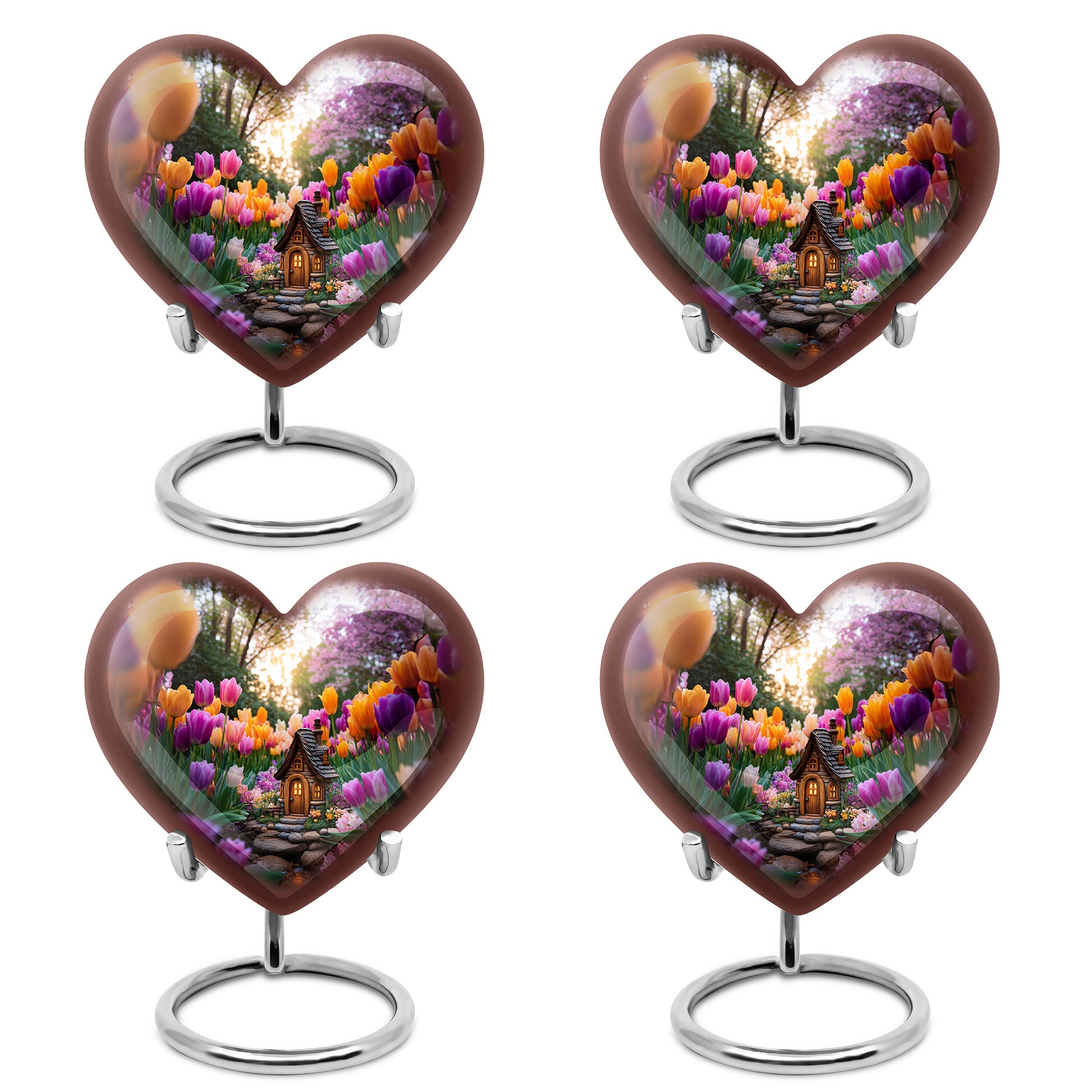 Smoke Gray Garden Tulip Cremation Urn angled view of lid and engraved motif - compassionate heart-garden tulip combination with gentle curves - 10 inch aluminum urn for cremated remains
