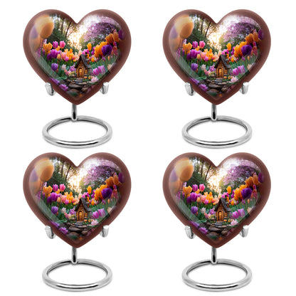 Smoke Gray Garden Tulip Cremation Urn angled view of lid and engraved motif - compassionate heart-garden tulip combination with gentle curves - 10 inch aluminum urn for cremated remains