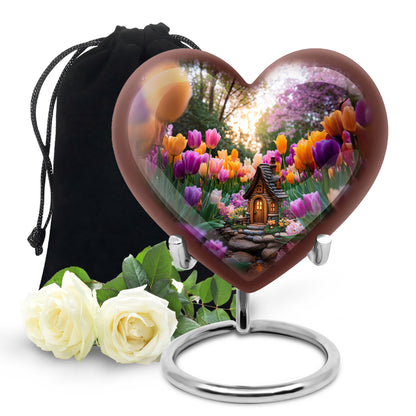 Mist Gray Garden Tulip Cremation Urn detail view - heart-shaped garden tulip design symbolizing eternal love - full-size 10 inch 200 cubic inch adult cremation urn