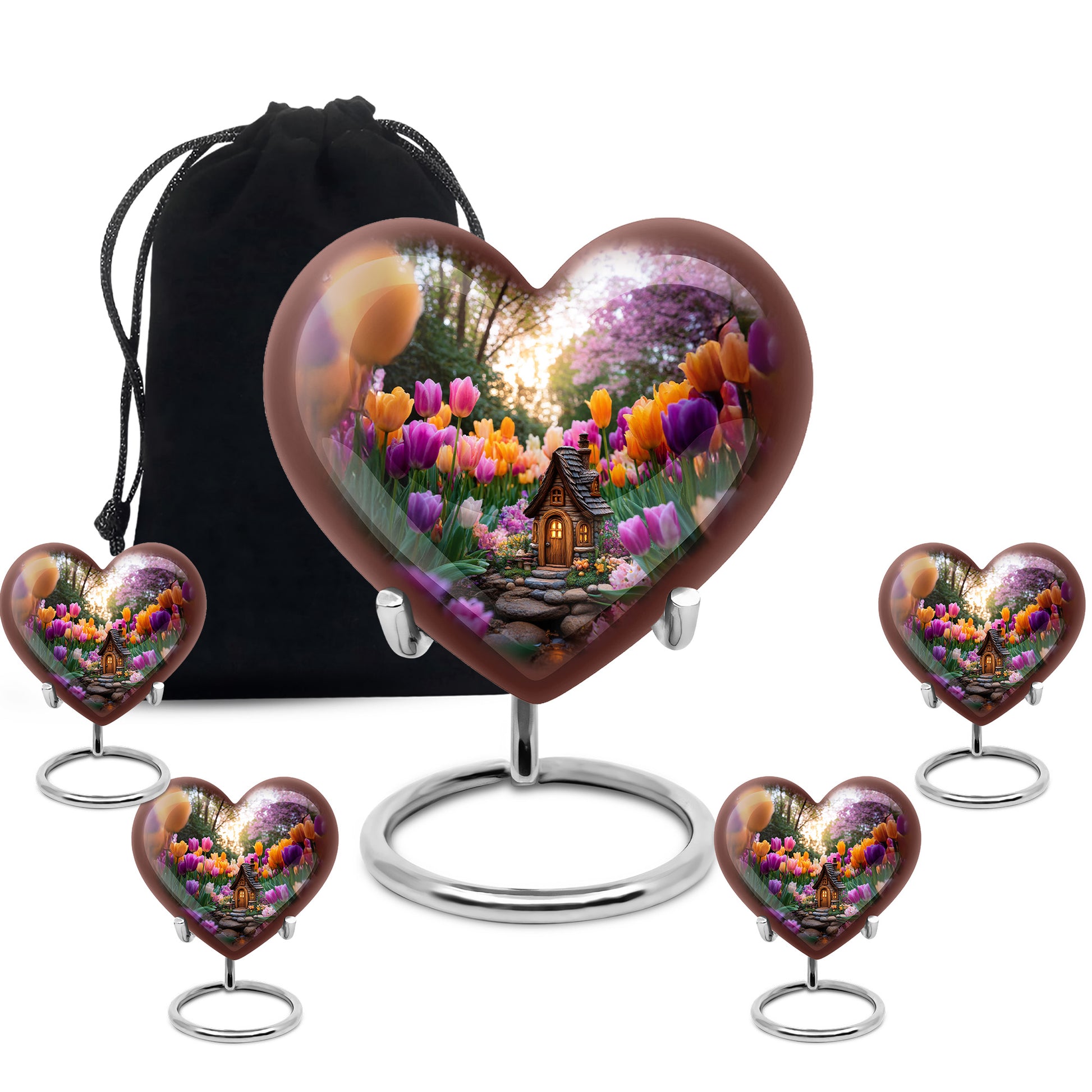 Storm Gray Garden Tulip Cremation Urn close-up of engraving and surface detail - romantic heart urn with garden tulip motif on aluminum - memorial set with one large and four small urns
