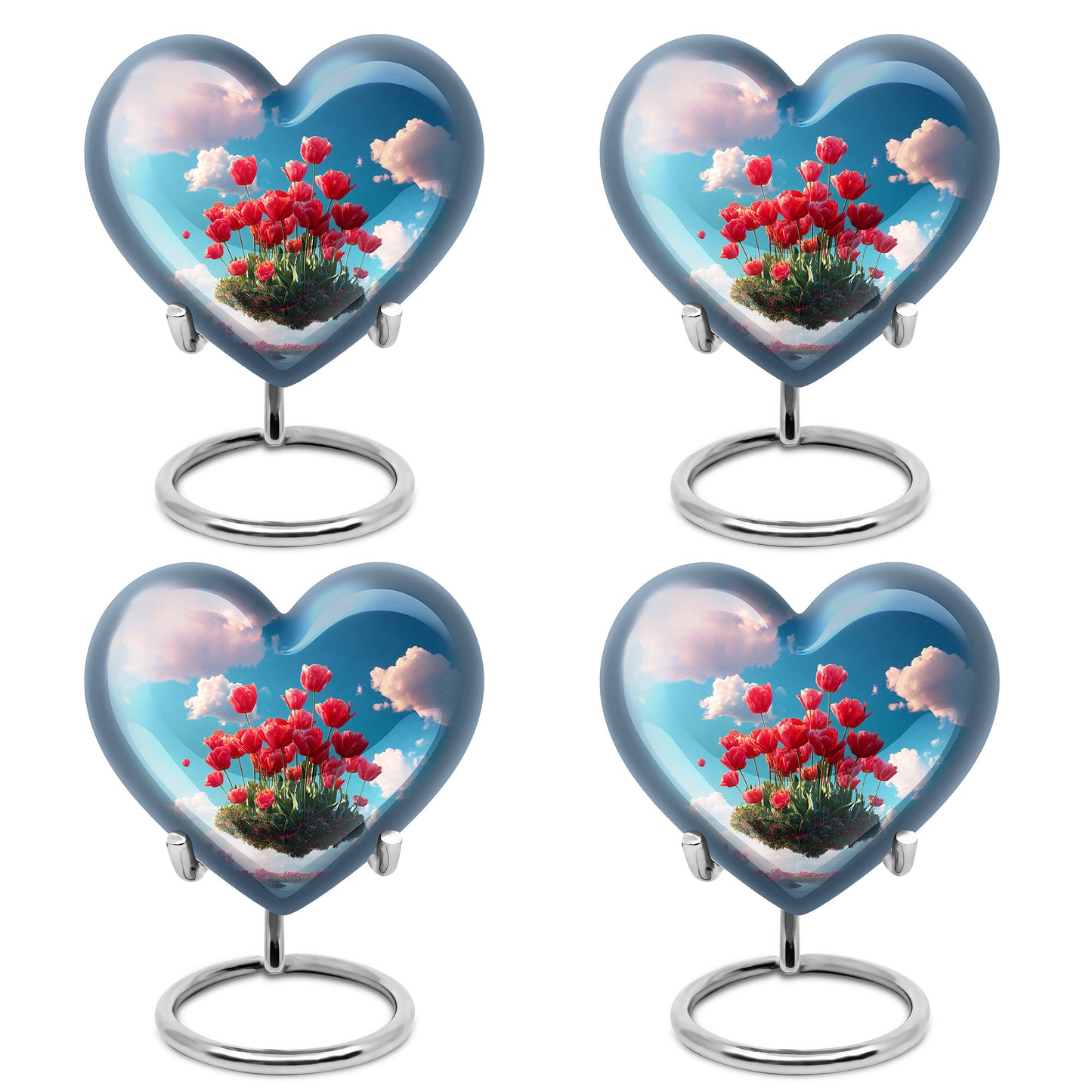 Sky Blue Garden Tulip Cremation Urn angled view of lid and engraved motif - loving heart memorial featuring garden tulip pattern - 10 inch aluminum urn for cremated remains