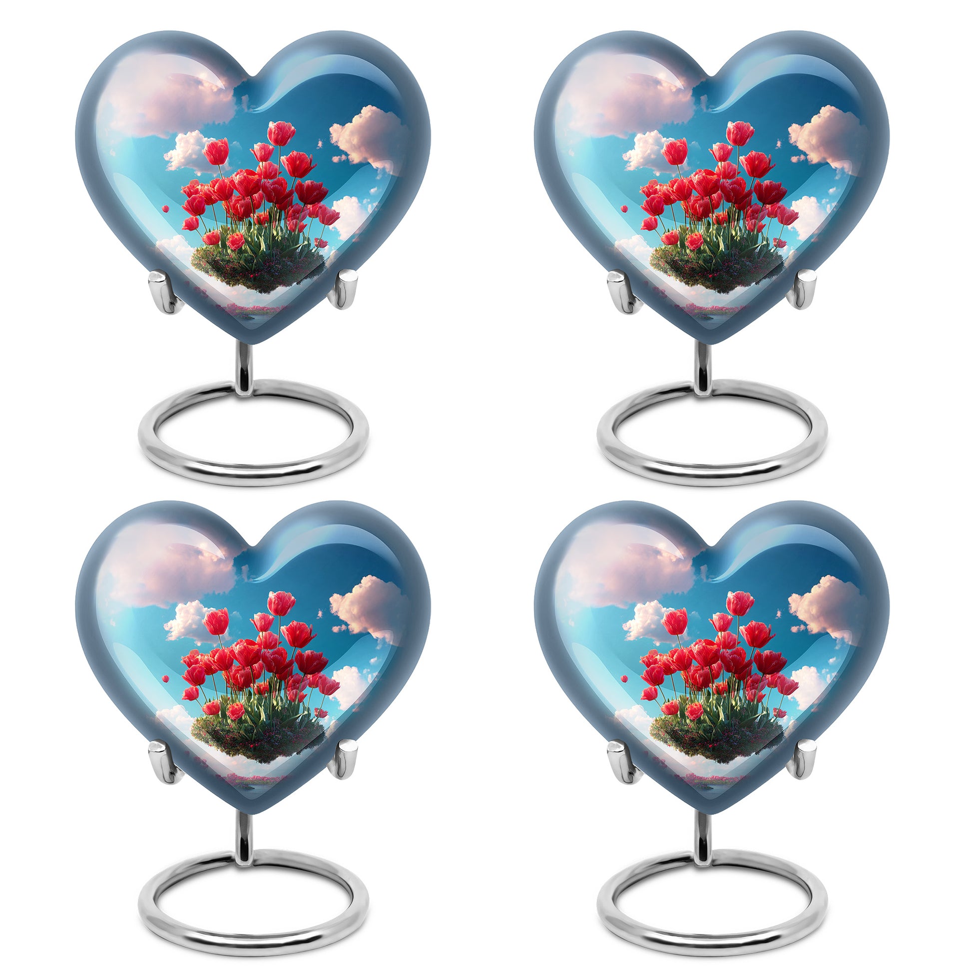 Sky Blue Garden Tulip Cremation Urn angled view of lid and engraved motif - loving heart memorial featuring garden tulip pattern - 10 inch aluminum urn for cremated remains