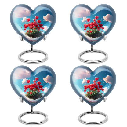 Sky Blue Garden Tulip Cremation Urn angled view of lid and engraved motif - loving heart memorial featuring garden tulip pattern - 10 inch aluminum urn for cremated remains