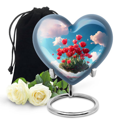 Sapphire Blue Garden Tulip Cremation Urn detail view - compassionate heart-garden tulip combination with gentle curves - full-size 10 inch 200 cubic inch adult cremation urn