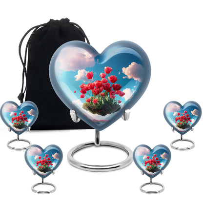 Azure Garden Tulip Cremation Urn close-up of engraving and surface detail - loving heart memorial featuring garden tulip pattern - memorial set with one large and four small urns