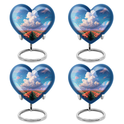 Bright Blue Garden Tulip Cremation Urn angled view of lid and engraved motif - romantic heart urn with garden tulip motif on aluminum - 10 inch aluminum urn for cremated remains