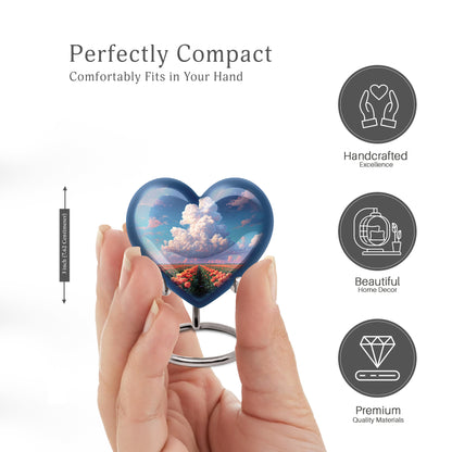 Cornflower Blue Garden Tulip Cremation Urn front view showing detailed design - romantic heart urn with garden tulip motif on aluminum - mini keepsake memorial for portion of cremation ashes