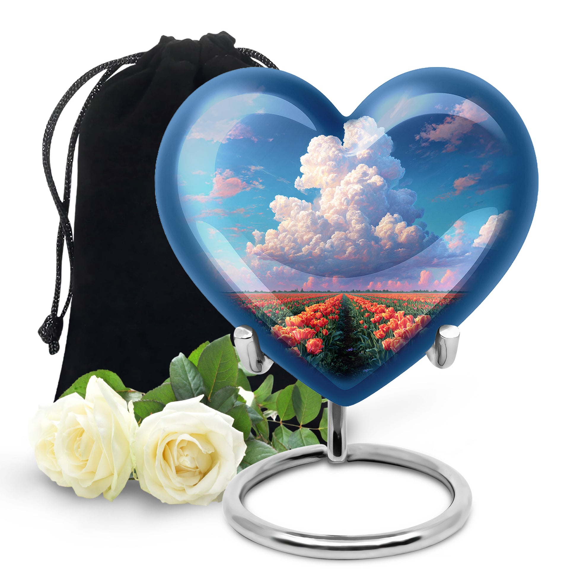 Cornflower Blue Garden Tulip Cremation Urn detail view - compassionate heart-garden tulip combination with gentle curves - full-size 10 inch 200 cubic inch adult cremation urn