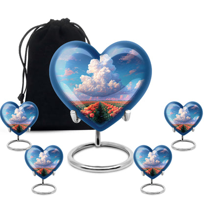 Cobalt Blue Garden Tulip Cremation Urn close-up of engraving and surface detail - compassionate heart-garden tulip combination with gentle curves - memorial set with one large and four small urns