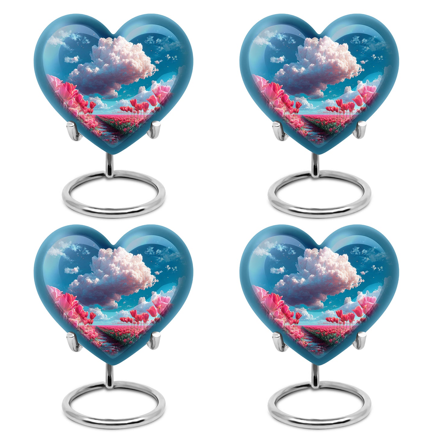Powder Blue Garden Tulip Cremation Urn angled view of lid and engraved motif - loving heart memorial featuring garden tulip pattern - 10 inch aluminum urn for cremated remains