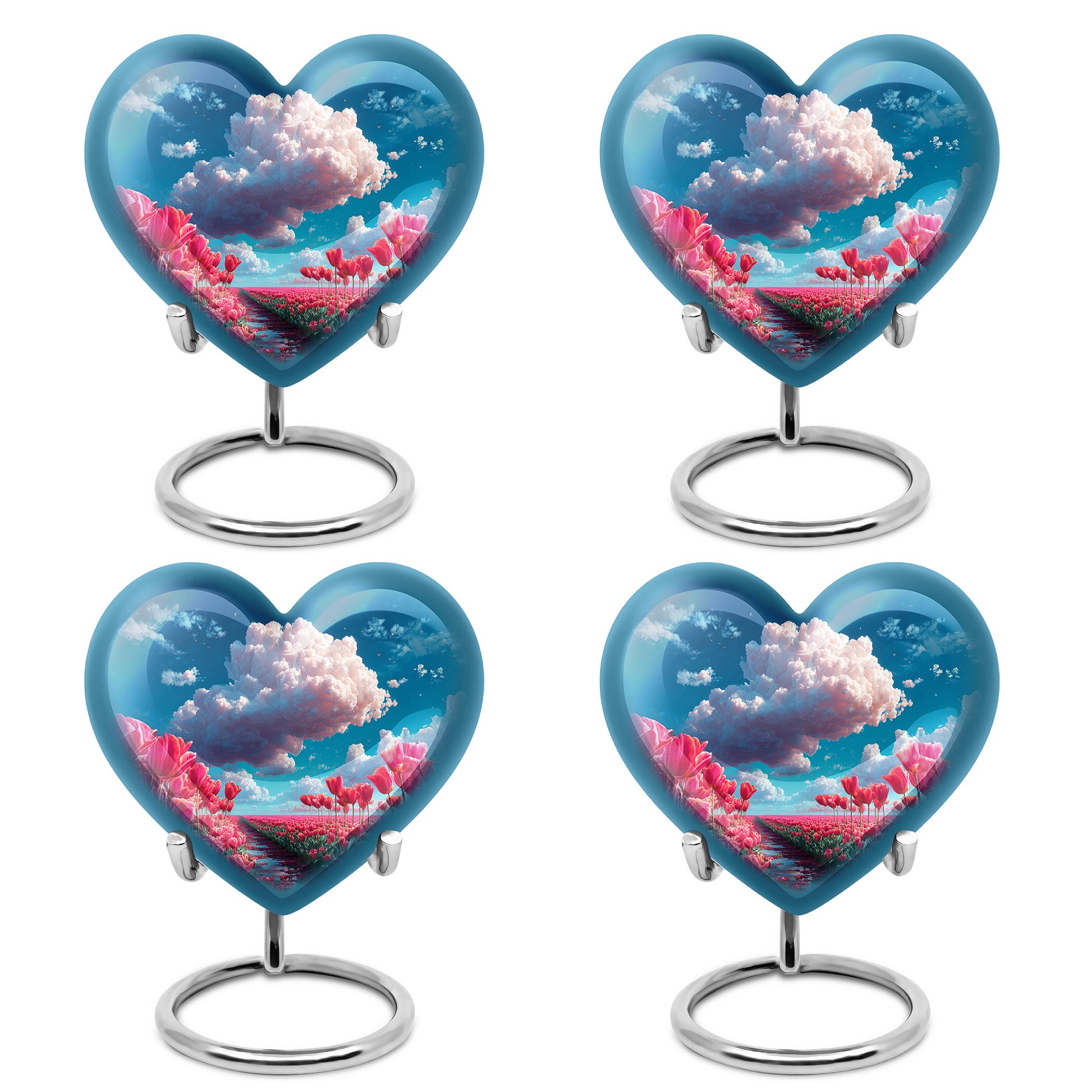 Powder Blue Garden Tulip Cremation Urn angled view of lid and engraved motif - loving heart memorial featuring garden tulip pattern - 10 inch aluminum urn for cremated remains