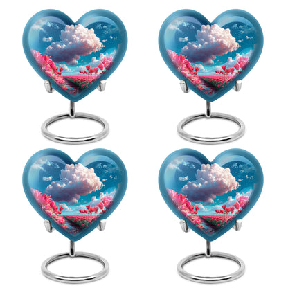 Powder Blue Garden Tulip Cremation Urn angled view of lid and engraved motif - loving heart memorial featuring garden tulip pattern - 10 inch aluminum urn for cremated remains