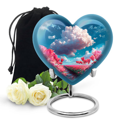 Celestial Blue Garden Tulip Cremation Urn detail view - heart-shaped garden tulip design symbolizing eternal love - full-size 10 inch 200 cubic inch adult cremation urn
