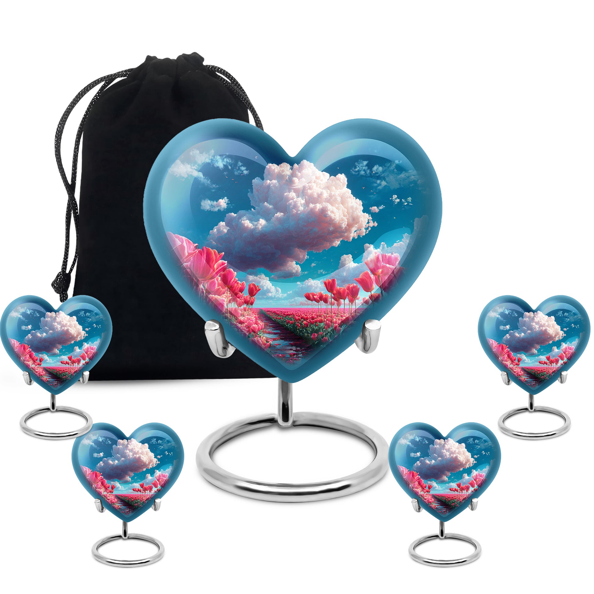 Calming Blue Garden Tulip Cremation Urn close-up of engraving and surface detail - compassionate heart-garden tulip combination with gentle curves - memorial set with one large and four small urns