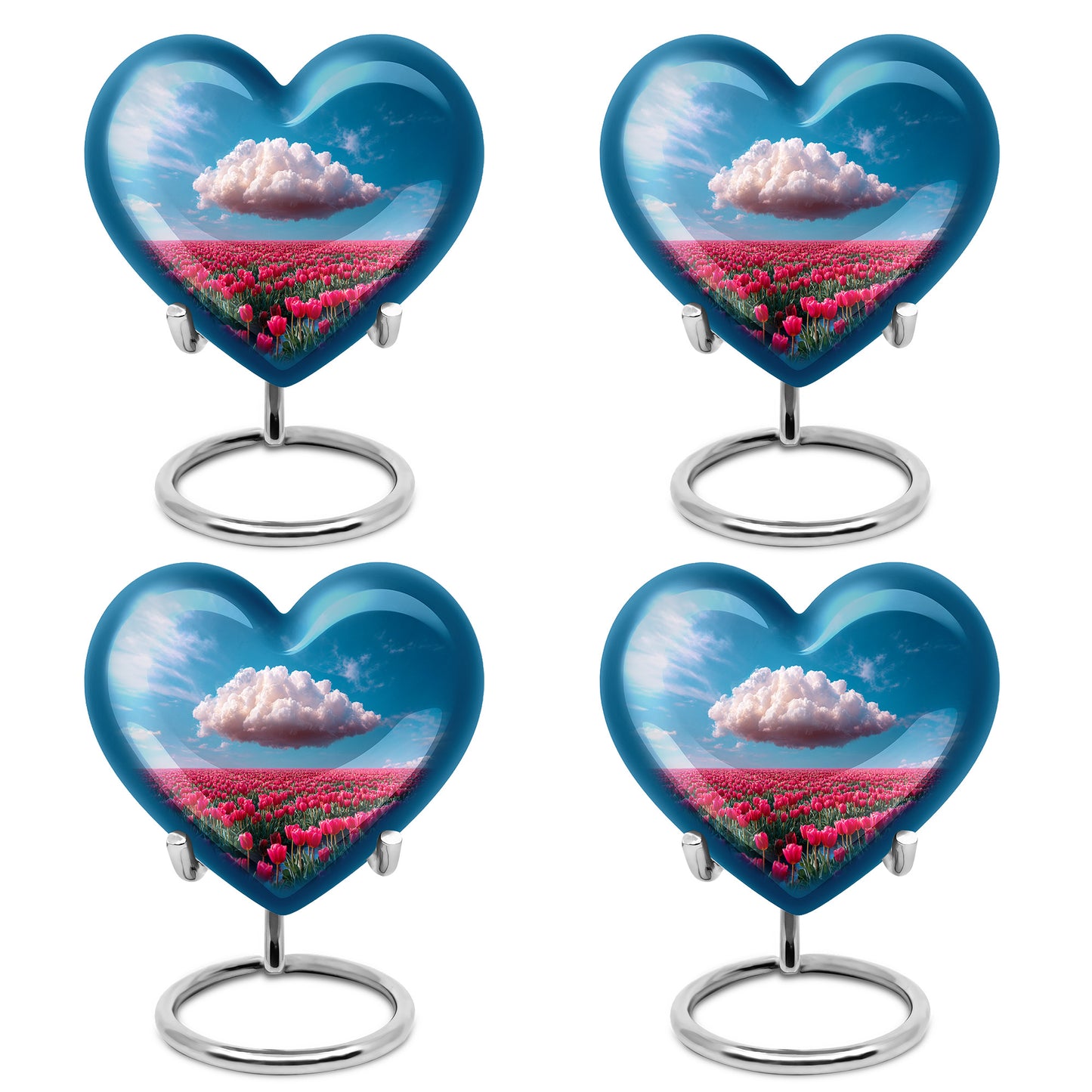 Steel Blue Garden Tulip Cremation Urn angled view of lid and engraved motif - romantic heart urn with garden tulip motif on aluminum - 10 inch aluminum urn for cremated remains