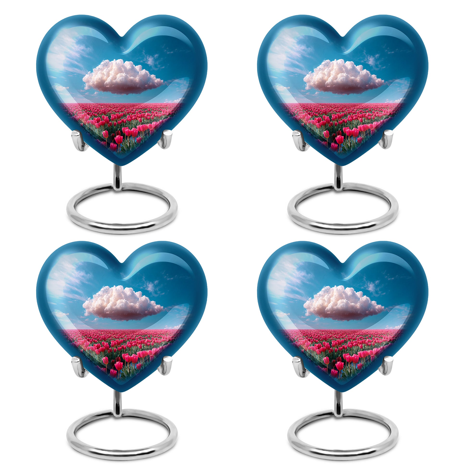 Steel Blue Garden Tulip Cremation Urn angled view of lid and engraved motif - romantic heart urn with garden tulip motif on aluminum - 10 inch aluminum urn for cremated remains