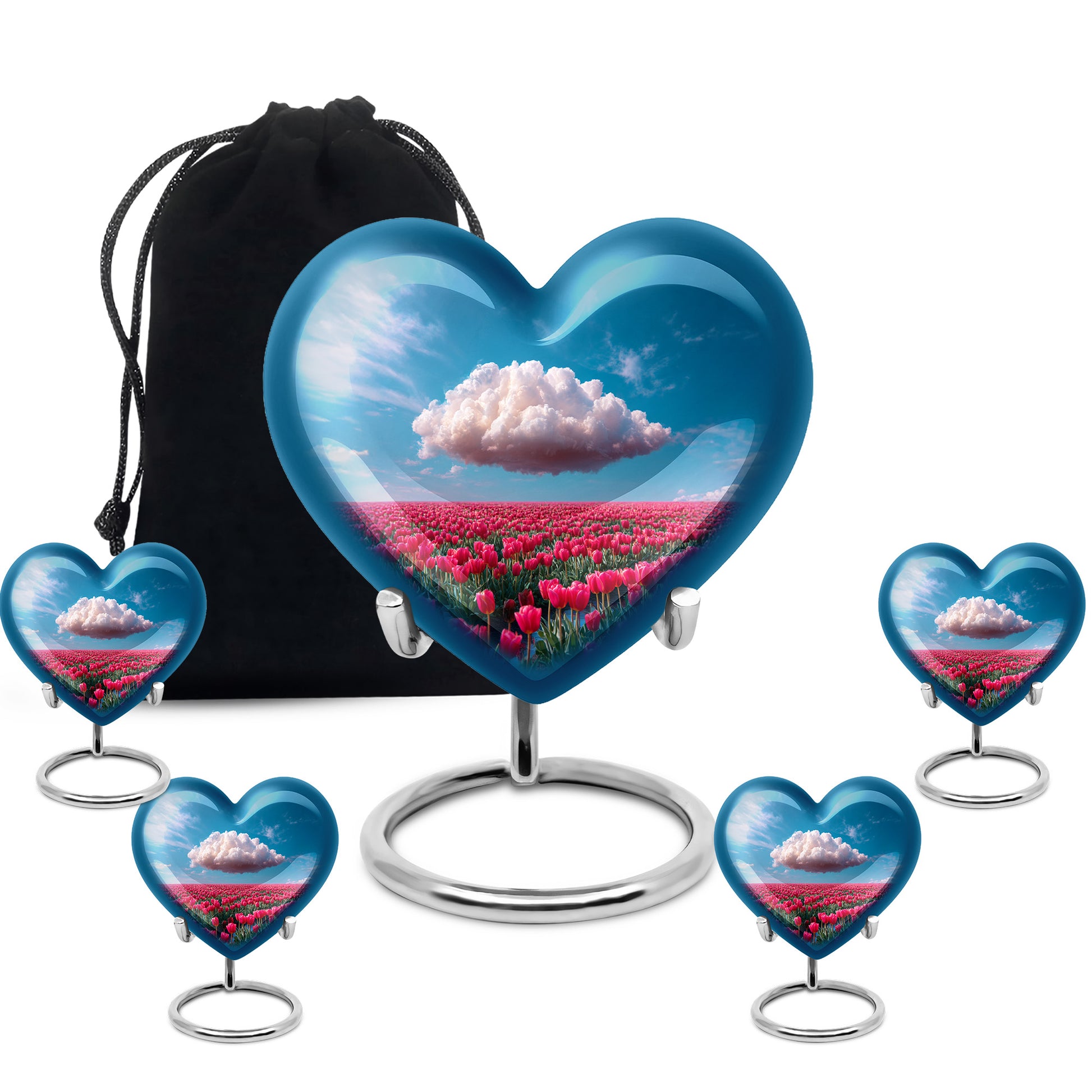 Twilight Blue Garden Tulip Cremation Urn close-up of engraving and surface detail - compassionate heart-garden tulip combination with gentle curves - memorial set with one large and four small urns