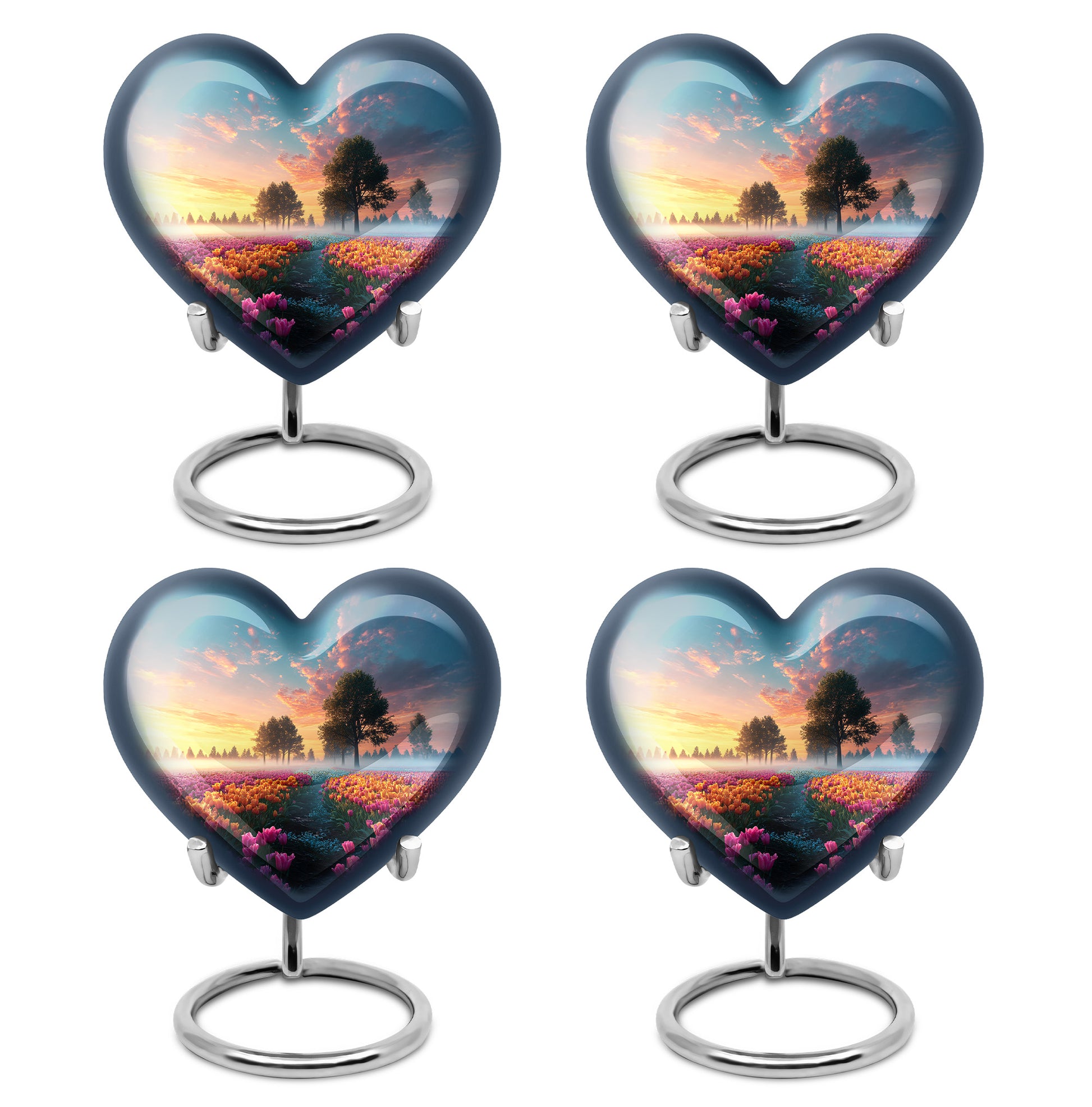 Pastel Blue Garden Tulip Cremation Urn angled view of lid and engraved motif - heart-shaped garden tulip design symbolizing eternal love - 10 inch aluminum urn for cremated remains