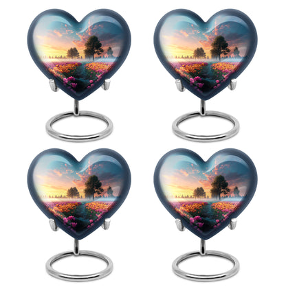Pastel Blue Garden Tulip Cremation Urn angled view of lid and engraved motif - heart-shaped garden tulip design symbolizing eternal love - 10 inch aluminum urn for cremated remains