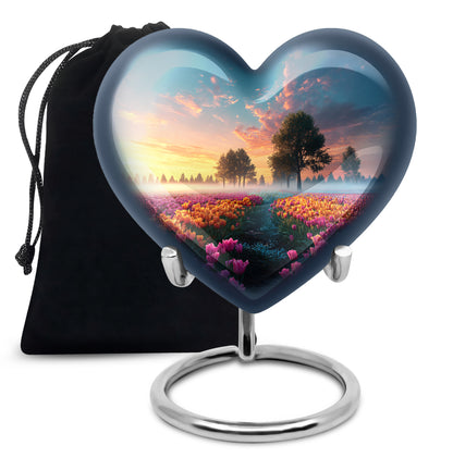 Dusty Blue Garden Tulip Cremation Urn detail view - heart-shaped garden tulip design symbolizing eternal love - full-size 10 inch 200 cubic inch adult cremation urn