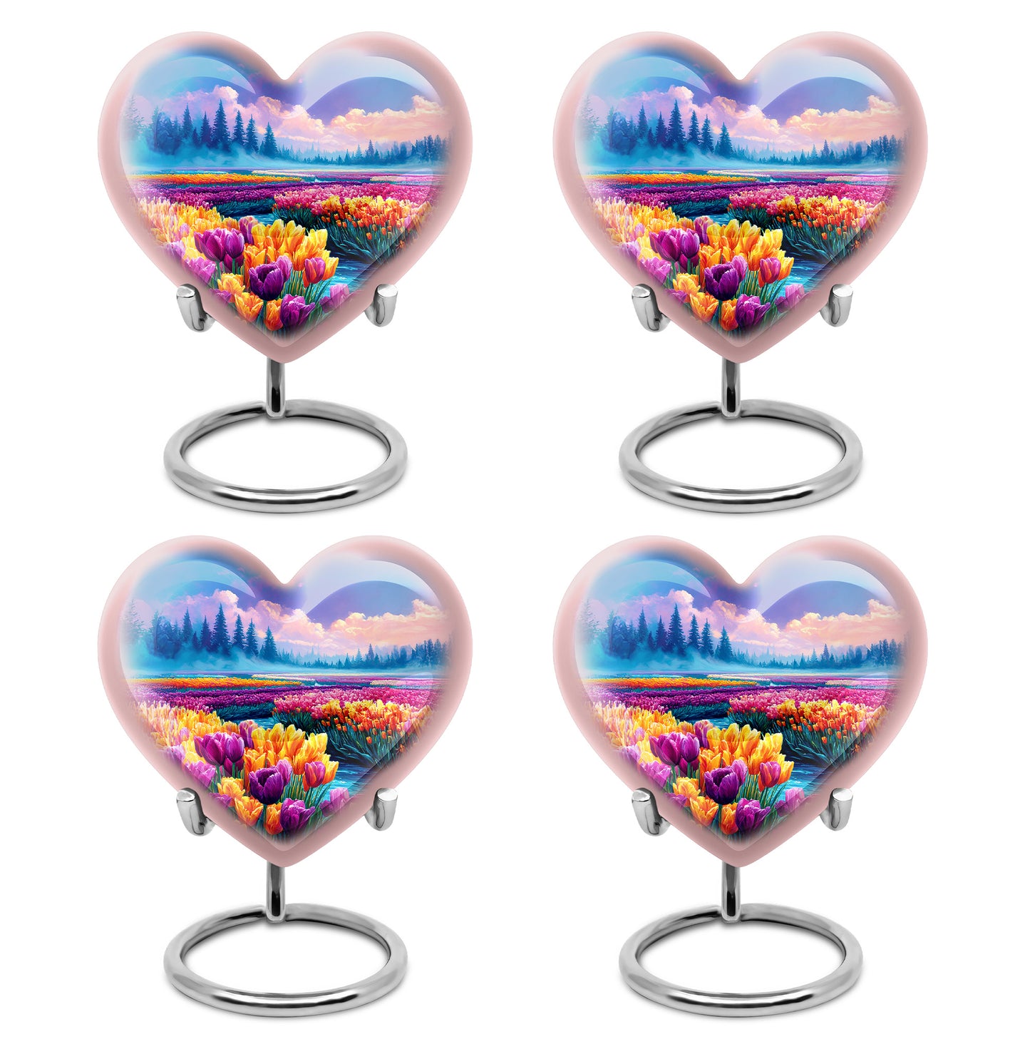 Powder Blue Garden Tulip Cremation Urn angled view of lid and engraved motif - loving heart memorial featuring garden tulip pattern - 10 inch aluminum urn for cremated remains