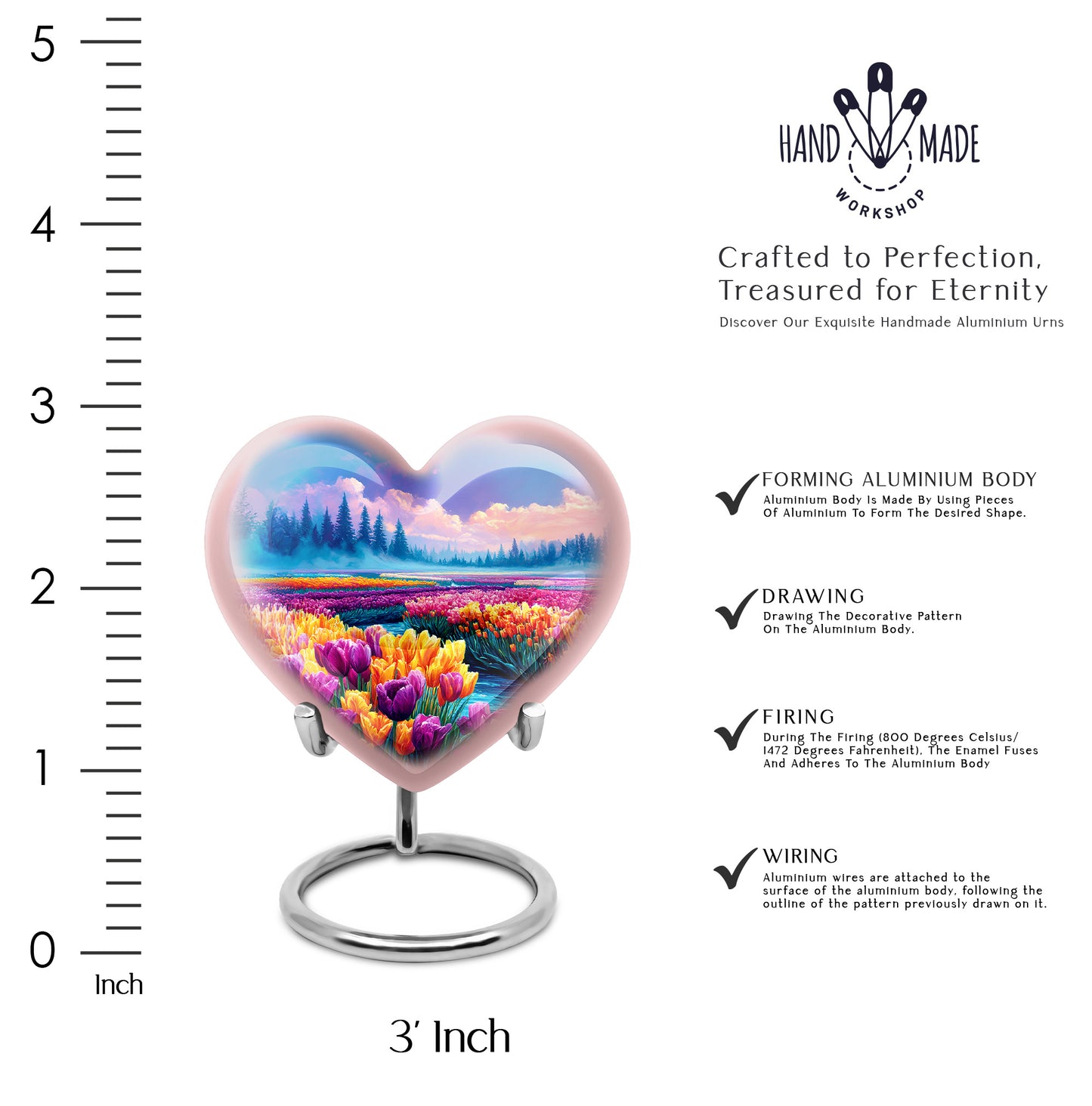 Steel Blue Garden Tulip Cremation Urn front view showing detailed design - romantic heart urn with garden tulip motif on aluminum - mini keepsake memorial for portion of cremation ashes
