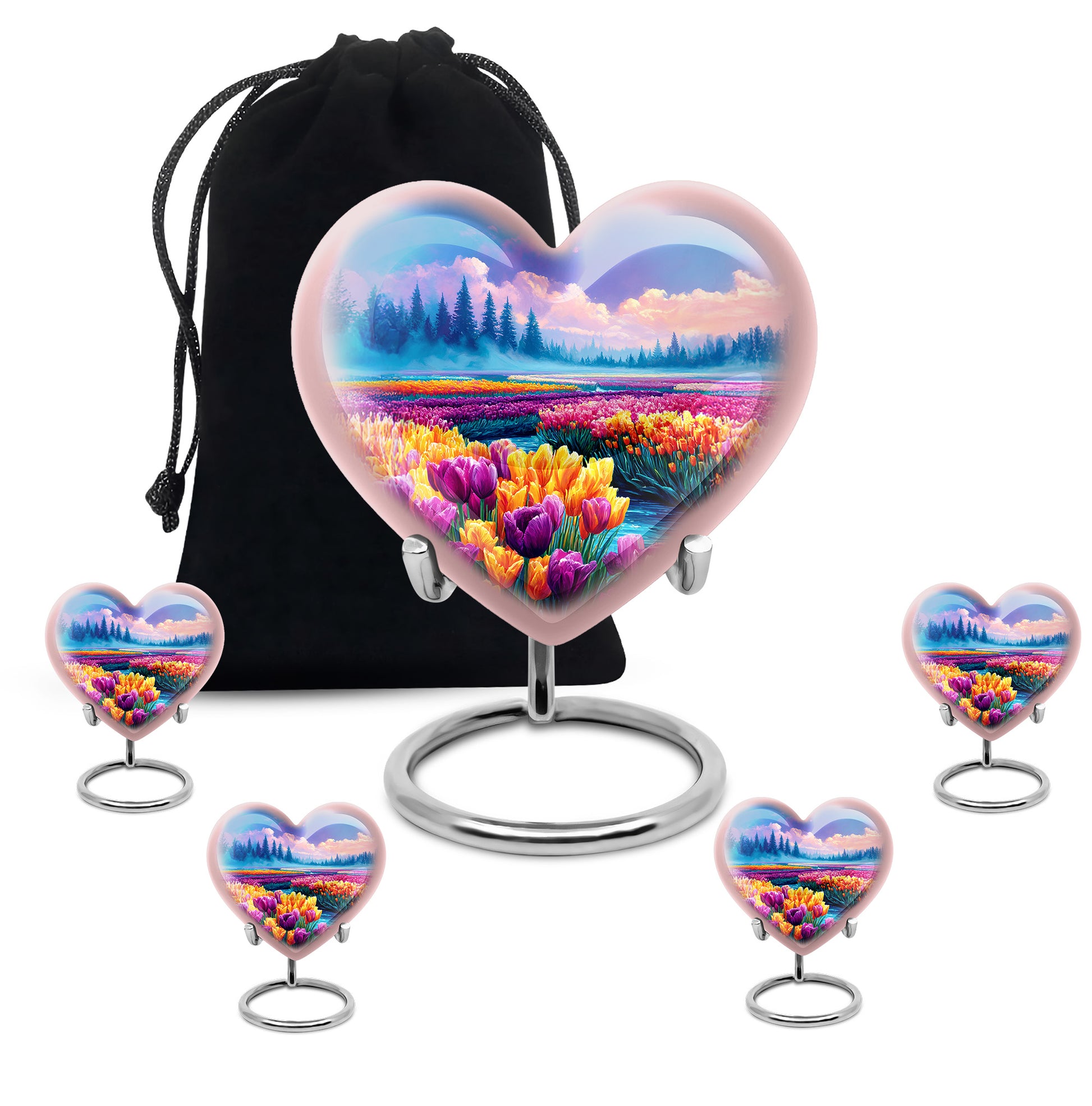 Steel Blue Garden Tulip Cremation Urn close-up of engraving and surface detail - compassionate heart-garden tulip combination with gentle curves - memorial set with one large and four small urns