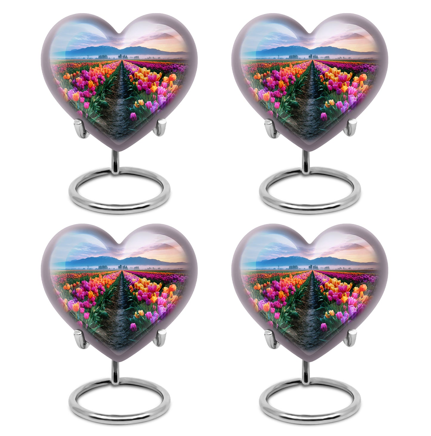 Dusty Blue Garden Tulip Cremation Urn angled view of lid and engraved motif - loving heart memorial featuring garden tulip pattern - 10 inch aluminum urn for cremated remains