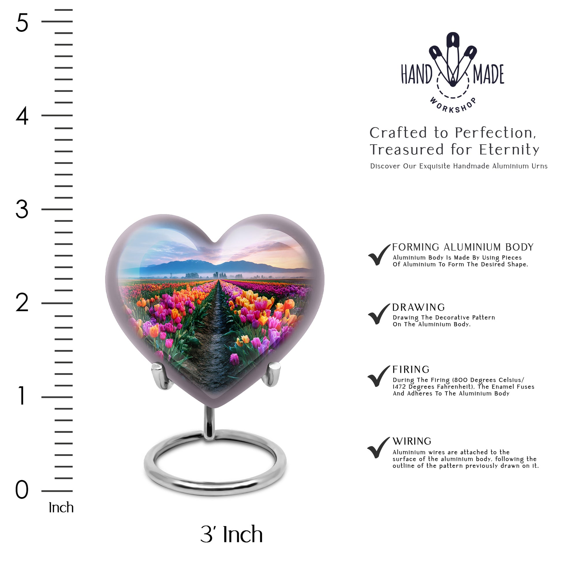 Bright Blue Garden Tulip Cremation Urn front view showing detailed design - romantic heart urn with garden tulip motif on aluminum - mini keepsake memorial for portion of cremation ashes