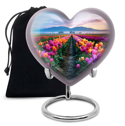 Soft Blue Garden Tulip Cremation Urn detail view - romantic heart urn with garden tulip motif on aluminum - full-size 10 inch 200 cubic inch adult cremation urn