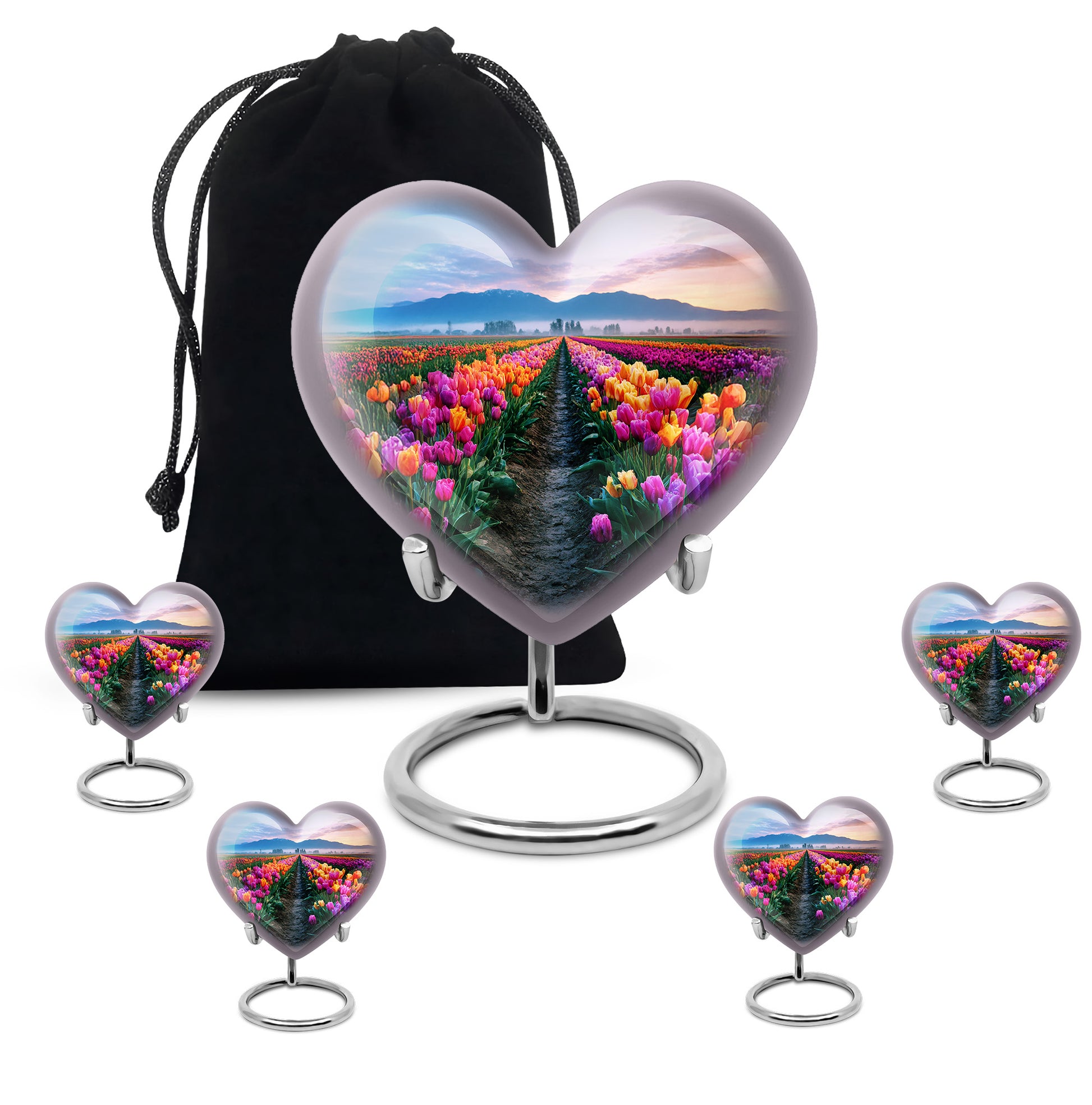 Misty Blue Garden Tulip Cremation Urn close-up of engraving and surface detail - heart-shaped garden tulip design symbolizing eternal love - memorial set with one large and four small urns