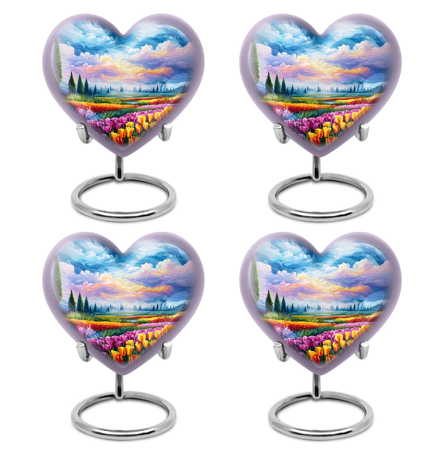 Indigo Garden Tulip Cremation Urn angled view of lid and engraved motif - heart-shaped garden tulip design symbolizing eternal love - 10 inch aluminum urn for cremated remains