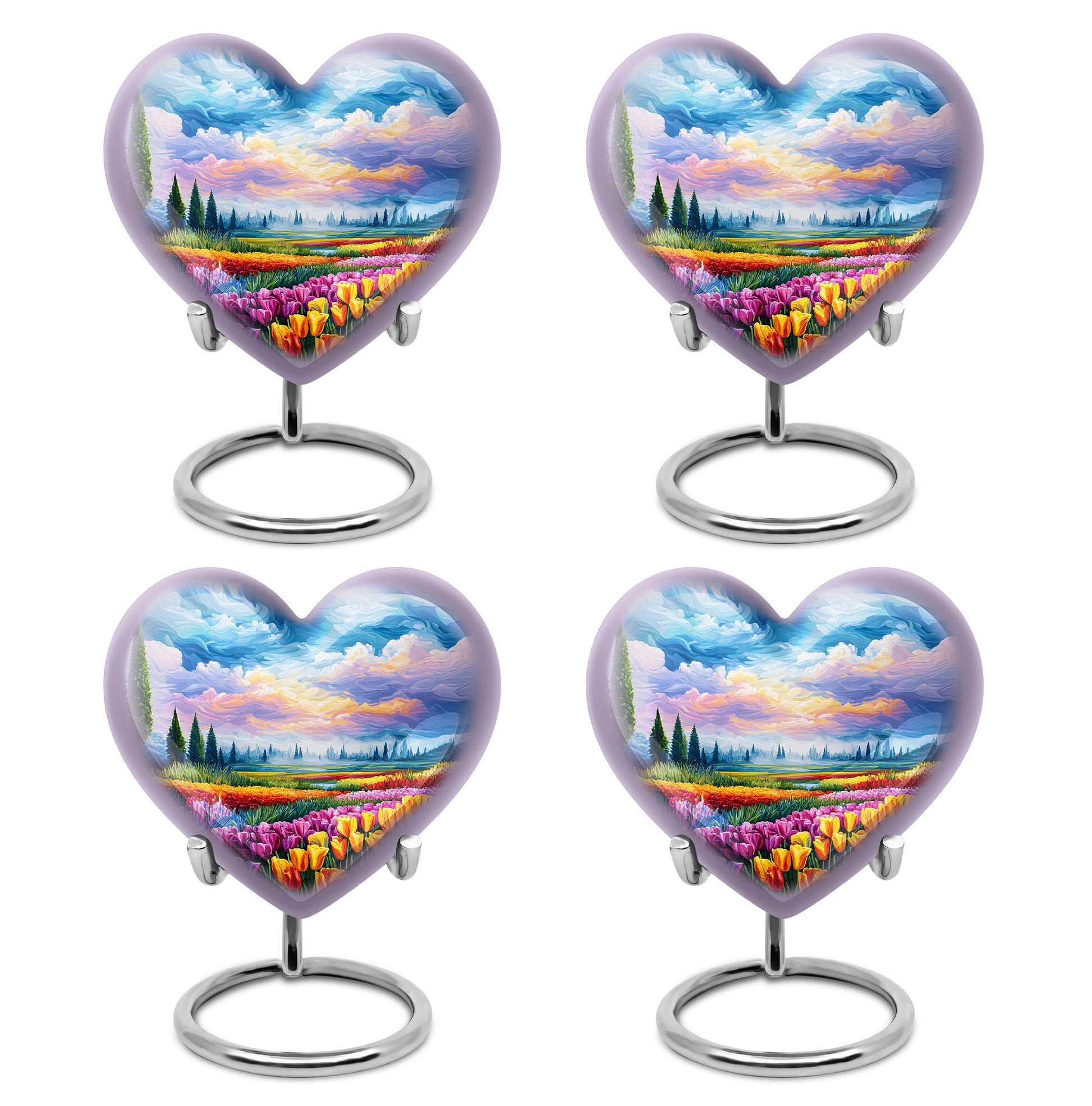 Indigo Garden Tulip Cremation Urn angled view of lid and engraved motif - heart-shaped garden tulip design symbolizing eternal love - 10 inch aluminum urn for cremated remains