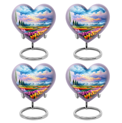Indigo Garden Tulip Cremation Urn angled view of lid and engraved motif - heart-shaped garden tulip design symbolizing eternal love - 10 inch aluminum urn for cremated remains