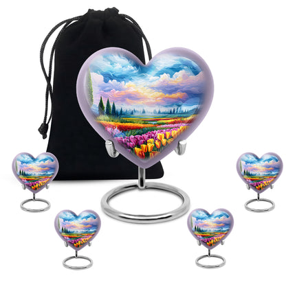 Royal Blue Garden Tulip Cremation Urn close-up of engraving and surface detail - romantic heart urn with garden tulip motif on aluminum - memorial set with one large and four small urns